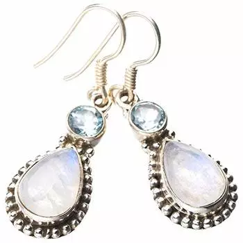 StarGems® Natural Rainbow Moonstone And Blue Topaz Handmade 925 Sterling Silver Earrings 1.5 E1477