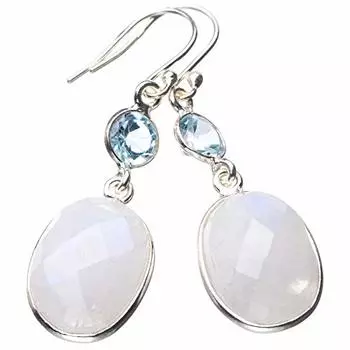 STARGEMS ® Серьги ручной работы из стерлингового серебра 925 пробы с натуральным радужным лунным камнем и голубым топазом 1,75 дюйма E0845