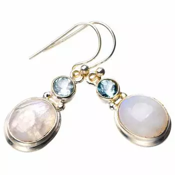 StarGems® Natural Rainbow Moonstone And Blue Topaz Handmade 925 Sterling Silver Earrings 1.25 D7266