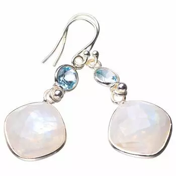 StarGems® Natural Rainbow Moonstone And Blue Topaz Handmade 925 Sterling Silver Earrings 1.75 D7703