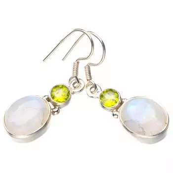 StarGems® Natural Rainbow Moonstone And Peridot Handmade 925 Sterling Silver Earrings 1.5 D6527