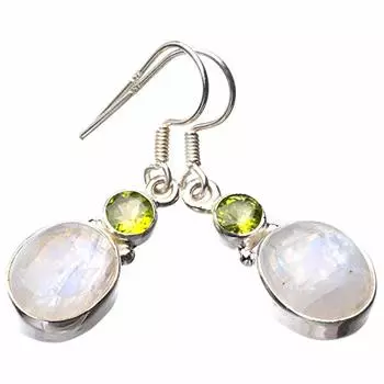 StarGems® Natural Rainbow Moonstone And Peridot Handmade 925 Sterling Silver Earrings 1.5 E0823