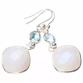 StarGems® Natural Rainbow Moonstone And White Topaz Handmade 925 Sterling Silver Earrings 1.75 D6583