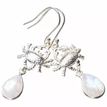 STARGEMS ® Серьги ручной работы из натурального радужного лунного камня с крабом из стерлингового серебра 925 пробы 2 дюйма E0739