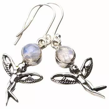 StarGems® Natural Rainbow Moonstone Fariy Handmade 925 Sterling Silver Earrings 1.75 E0850