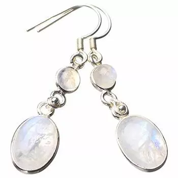 StarGems® Natural Rainbow Moonstone Handmade 925 Sterling Silver Earrings 1.75 E0804