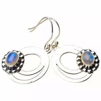 StarGems® Natural Rainbow Moonstone Handmade 925 Sterling Silver Earrings 1.5 D7492