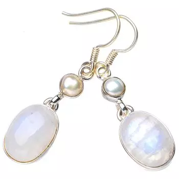STARGEMS ® Серьги ручной работы из стерлингового серебра 925 пробы с натуральным радужным лунным камнем и речным жемчугом 1,75 дюйма E5493