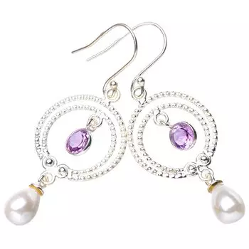 StarGems® Natural River Pearl Amethyst Handmade 925 Sterling Silver Earrings 2.25 E5417