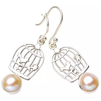 STARGEMS ® Серьги из натурального речного жемчуга в форме птичьей клетки ручной работы из стерлингового серебра 925 пробы 1,75 дюйма E5419