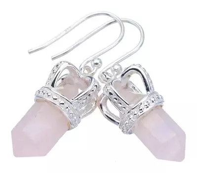StarGems® Natural Rose Quartz CrownHandmade 925 Sterling Silver Earrings 1.25 F6156