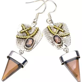 StarGems® Natural Smoky Quartz Two Tones Handmade 925 Sterling Silver Earrings 2.25 E6280