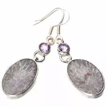 StarGems® Natural Stingray Coral And Amethyst Handmade 925 Sterling Silver Earrings 2 E0630
