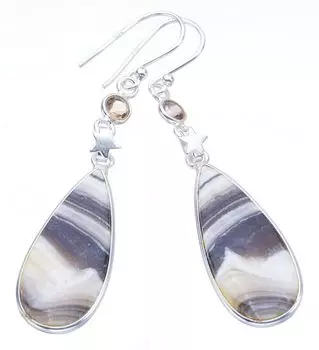 StarGems® Natural Zebra Calcite Smoky Quartz StarHandmade 925 Sterling Silver Earrings 2.25 F5507