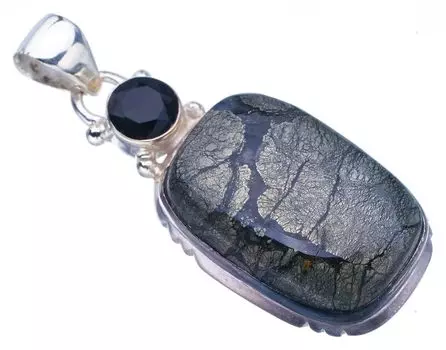 STARGEMS ® Подвеска из натурального апачи-пармиорита с черным ониксом, ручная работа, серебро 925 пробы, 1,75 дюйма F3629