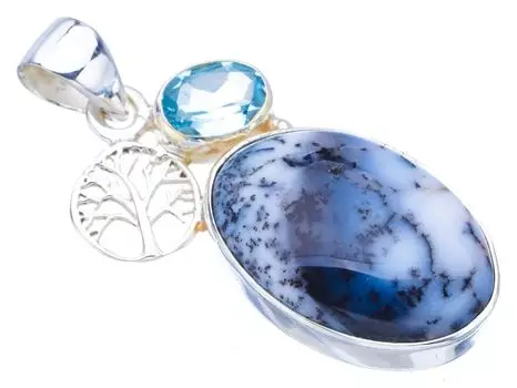 STARGEMS ® Подвеска из натурального дендритного опала с голубым топазом в форме дерева, ручная работа, из стерлингового серебра 925 пробы, 1,5 дюйма, F3809