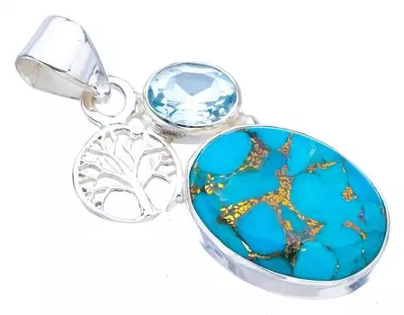 STARGEMS ® Подвеска из натурального медного бирюзового голубого топаза в форме дерева, ручная работа, серебро 925 пробы, 1,5 дюйма F3871