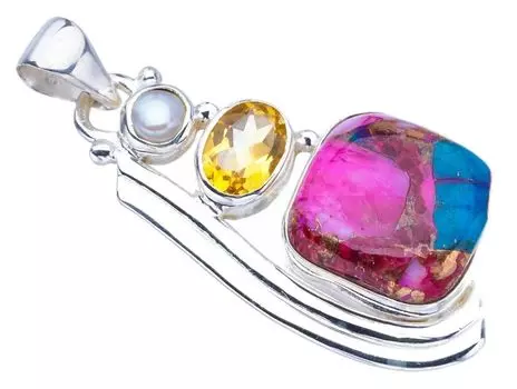 STARGEMS ® Подвеска из натурального медного халцедона с речным жемчугом и цитрином ручной работы из стерлингового серебра 925 пробы 1,75 дюйма F3779