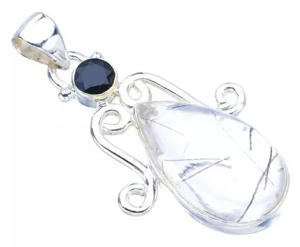 STARGEMS Подвеска из натурального рутилового кварца с черным ониксом ручной работы из стерлингового серебра 925 пробы 1,75 дюйма F3927