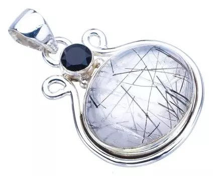 STARGEMS ® Подвеска из натурального рутилового кварца и черного оникса ручной работы из стерлингового серебра 925 пробы 1,5 дюйма F3916