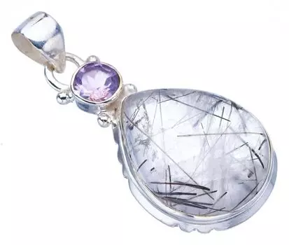 STARGEMS ® Подвеска из натурального рутилового кварца и аметиста ручной работы из стерлингового серебра 925 пробы 1,5 дюйма F3920