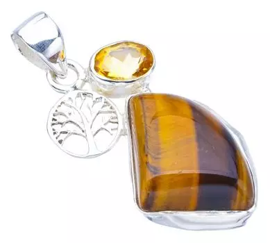 STARGEMS ® Подвеска из натурального тигрового глаза и цитрина «Дерево» из стерлингового серебра 925 пробы, ручная работа, 1,5 дюйма F3909