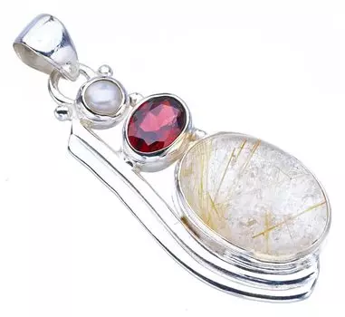 STARGEMS ® Подвеска из серебра 925 пробы с натуральным золотистым рутиловым гранатом и речным жемчугом ручной работы 1,75 дюйма F3946