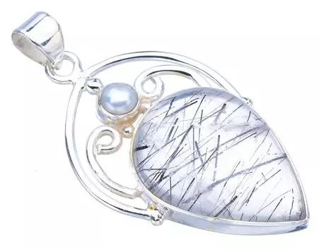 STARGEMS ® Подвеска из серебра 925 пробы с натуральным рутиловым кварцем и речным жемчугом ручной работы 2 дюйма F3921
