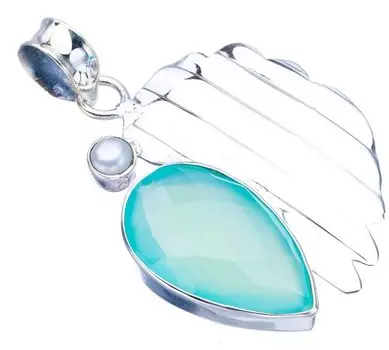 STARGEMS Подвеска из серебра 925 пробы с натуральным халцедоном и речным жемчугом в форме листа, ручная работа, 1,5 дюйма F3974