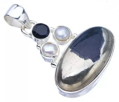 STARGEMS ® Подвеска из серебра 925 пробы с натуральным золотым камнем апачи, черным ониксом и речным жемчугом, ручная работа, 1,5 дюйма F3639