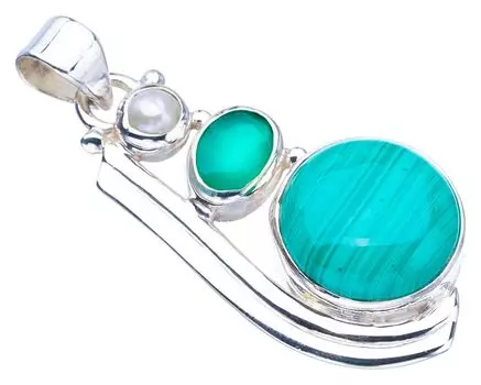 STARGEMS ® Подвеска из серебра 925 пробы с натуральным малахитом, хризопразом и речным жемчугом, ручная работа, 1,5 дюйма F3696