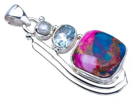 STARGEMS ® Подвеска из серебра 925 пробы с натуральным медным халцедоном, речным жемчугом и голубым топазом ручной работы 1,75 дюйма F3777
