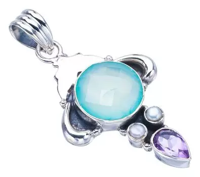 STARGEMS ® Подвеска из серебра 925 пробы с натуральным халцедоном, речным жемчугом и аметистом в форме рога, ручная работа, 1,75 дюйма F3976