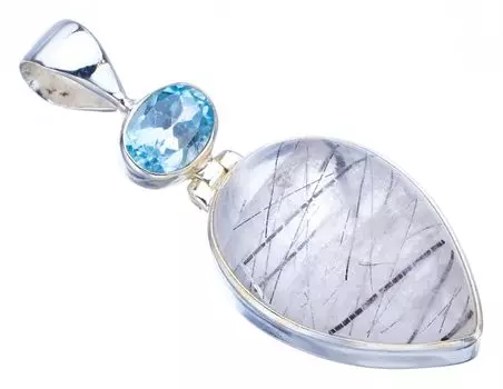 STARGEMS ® Подвеска из серебра 925 пробы с натуральным рутиловым кварцем и голубым топазом ручной работы 1,75 дюйма F3928