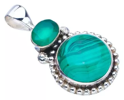 STARGEMS Подвеска из серебра 925 пробы с натуральным малахитом и хризопразом ручной работы 1,5 дюйма F3692