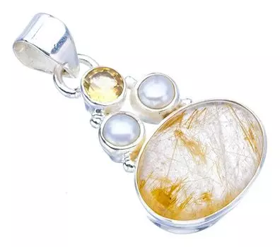 STARGEMS ® Подвеска из серебра 925 пробы с натуральным золотистым рутилом, цитрином и речным жемчугом, ручная работа, 1,25 дюйма F3937