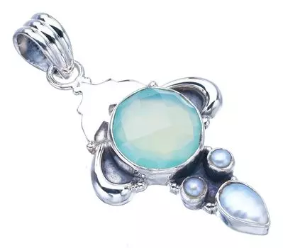 STARGEMS ® Подвеска из серебра 925 пробы с натуральным речным жемчугом Chalcedony Horns, ручная работа, 1,75 дюйма F3975