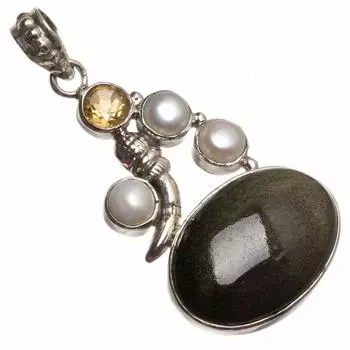 STARGEMS Подвеска из серебра 925 пробы с натуральным черным кошачьим глазом, речным жемчугом и цитрином 1 3/4 T0592