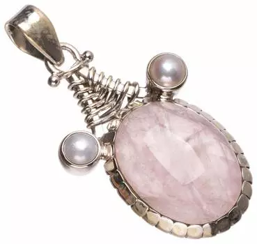 STARGEMS Подвеска из серебра 925 пробы в стиле бохо с натуральным розовым кварцем и речным жемчугом 1 3/4 T1234