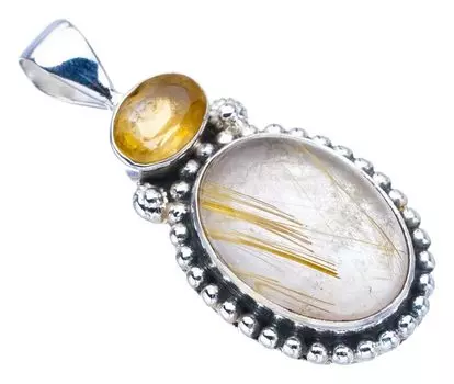 STARGEMS ® Подвеска из стерлингового серебра 925 пробы с натуральным золотистым рутилом и цитрином ручной работы 1,5 дюйма F3936