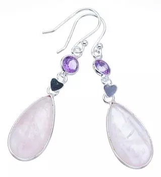 STARGEMS ® Серьги из серебра 925 пробы с натуральным розовым кварцем и аметистом в форме сердца, ручная работа, 2 дюйма F6123