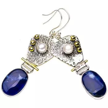 STARGEMS ® Серьги из серебра 925 пробы с натуральным речным жемчугом содалит двух тонов ручной работы 2,5 дюйма E6378