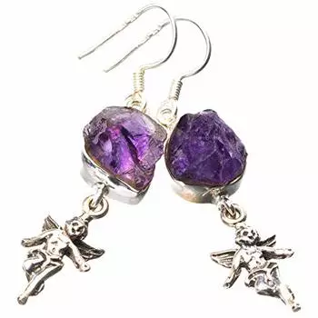 STARGEMS ® Серьги из стерлингового серебра 925 пробы с натуральным аметистом, необработанный угол, ручная работа, 2 дюйма E1535