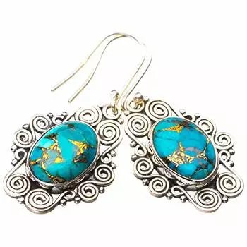 STARGEMS ® Серьги ручной работы из натурального серебра 925 пробы с медно-бирюзовым оттенком 1,75 дюйма E1735