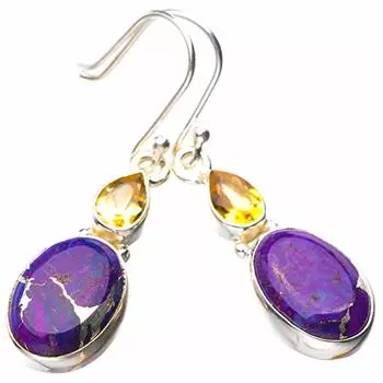 STARGEMS ® Серьги ручной работы из серебра 925 пробы с натуральной медной бирюзой и цитрином 1,5 дюйма E1758