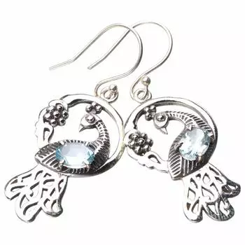 STARGEMS ® Серьги ручной работы из серебра 925 пробы с натуральным голубым топазом и павлином 1,75 дюйма E0600