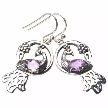 STARGEMS ® Серьги ручной работы из серебра 925 пробы с натуральным аметистом и павлином 1,75 дюйма E1153