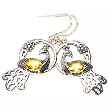 STARGEMS ® Серьги ручной работы из стерлингового серебра 925 пробы с натуральным цитрином и павлином 1,75 дюйма E3530-1