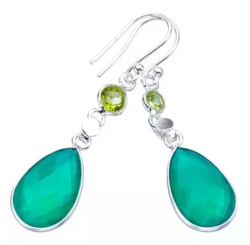 STARGEMS ® Серьги ручной работы из стерлингового серебра 925 пробы с натуральным хризопразом и перидотом 2 дюйма F6006
