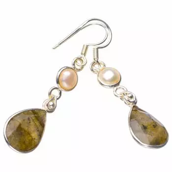 STARGEMS ® Серьги ручной работы из стерлингового серебра 925 пробы с натуральным огненно-голубым лабрадоритом и речным жемчугом 1,75 дюйма D6586